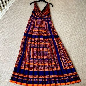 Silk maxi dress blue & orange pleated fully lined